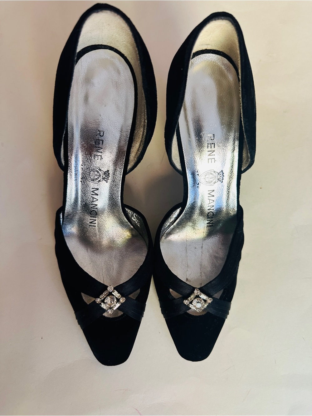 Rene Mancini Heels Evening d’Orsay Suede Crystal Rhinestone Broach SZ 37 US 6.5